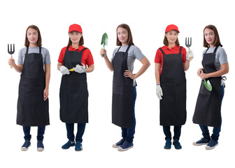 Collection set of portrait of a worker woman or Servicewoman in Gray shirt and apron is holding Shovel for Cultivators on white background