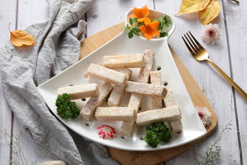 Delicious fresh seafood in white tableware