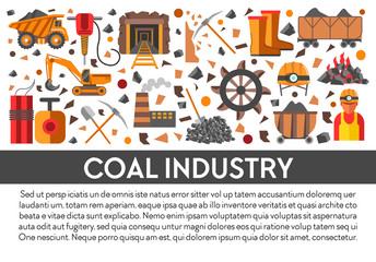 Coal industry banner template with mining icons set and text