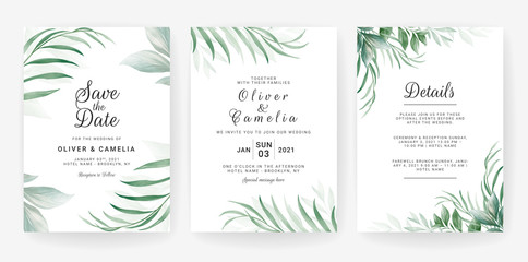 Fototapeta na wymiar Wedding invitation card template set with watercolor leaves decoration. Flowers border for save the date, greeting, poster, cover, etc. Botanic illustration vector