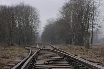 Fototapeta premium winter landscape with railroad with industrial buildings, surrounded by the trees