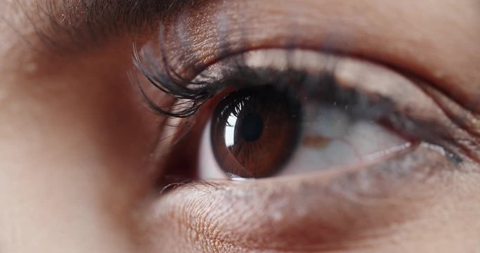 Makro shot of female eye with makeup on eyelashes and dark brown iris opening and looking around - beauty concept extreme close up shot 4k footage