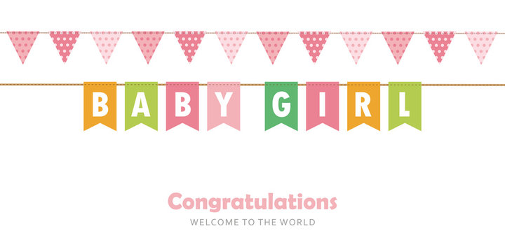 baby girl party flag welcome greeting card for childbirth vector illustration EPS10