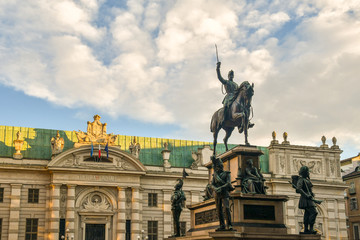 Fototapeta na wymiar The equestrian monument of king Carlo Alberto of Savoia, created between 1856 and 1860 by Carlo Marocchetti and placed in 1861 in the homonym square in the city centre, Turin, Piedmont, Italy 
