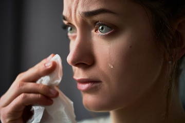 Sad grieving crying woman with tears eyes during trouble, life difficulties, loss and emotional...