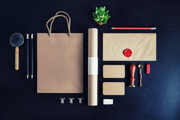 Vintage corporate identity template. Photo of blank kraft stationery set. Mockup for design...