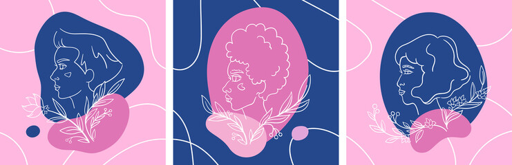 Set of women faces in flowers, modern abstract background and collage style. Girls profile portraits in line style. T-shirt print, social media banner, greeting cards. Blue and lilac palette