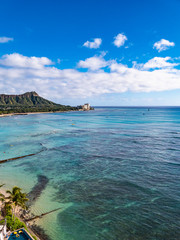 Waikiki Beach and Diamond Head Crater including the hotels and buildings in Waikiki, Honolulu, Oahu island, Hawaii.