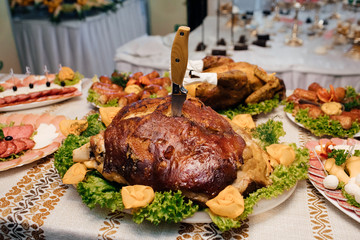 Wedding day. Abundance of food on the table. Authentic buffet, assorted fresh fruits, berries and citrus. Different fresh fruits on wedding buffet table