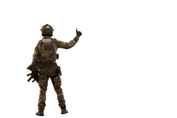 Soldier isolated on white background.Soldier with machine gun patrolling 