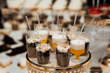 Chia pudding in glass on wedding banquet  table. Two colors charcoal chia puding with pomegranate, almond, hemp seeds. Chocolate chia pudding with jam and granola. Healthy overnight breakfast