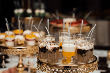 Fototapeta na wymiar Glasses with healthy layered dessert white chia seeds pudding, mango, blueberries, coconut flakes with bottle of milk, seeds. Wedding banquet table