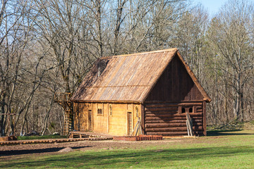 Plakat Log house on a meadow by a forest in the spring