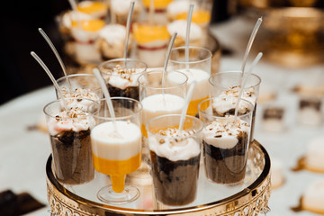 Glasses with healthy layered dessert white chia seeds pudding, mango, blueberries, coconut flakes with bottle of milk, seeds.  Wedding banquet table