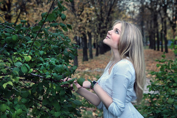 Young blonde girl in autumn in the park near the mock-bush