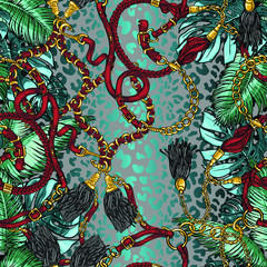 Seamless texture on the theme of the tropics, jungle from palm leaves, monstera, banana leaves with belts and golden chains, jewelry, metal pendants. 