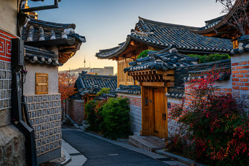 The quiet streets of Bukchon Hanok Village in Seoul Korea