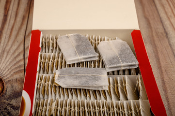 Tea bags in a paper box. Close up.