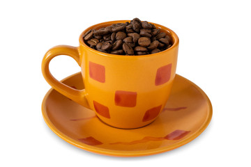Orange cup full of coffee beans