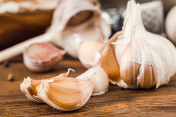 some cloves of garlic with pieces. kitchen concept