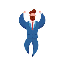 Vector business man in suit laughs with hands up