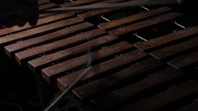 Close up of male musician hands use mallets and play xylophone or percussion instrument