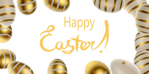 Happy Easter eggs white background. Golden shine decorated eggs falling in shape frame. For...