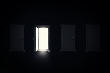Abstract image of Light shining through opened door in dark room.