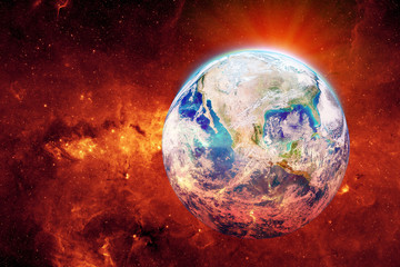 Obraz na płótnie Canvas Global Warming and Pollution Concept : Blue planet earth warming and red fire growing around earth. (Elements of this image furnished by NASA.)