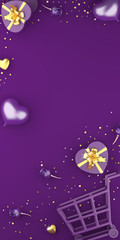 Happy Valentines Day, Rose flower heart shape gift box , trolley cart, gold confetti on purple background. Greeting card, flat lay, banner, copy space text area vertical composition. 3D illustration.