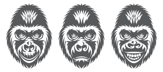 Vector monochrome set of three gorilla heads with different facial expressions