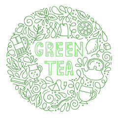 Green tea. Round frame with lettering and drinking tea attributes in an outline style. Composition with abstract hand drawn elements. Doodle style. Template for cafe menu, packaging or signboard.