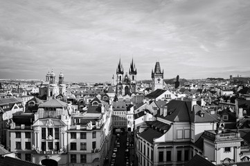 Panoramic view of St. Mary's Tyn Church and the Powder Tower (Prague, Czech Republic, Europe)