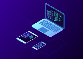 Smart devices synchronization, isometric vector cloud storage technology, file transfer, two stage authorization user, laptop smartphone tablet icon, neon dark gradient background