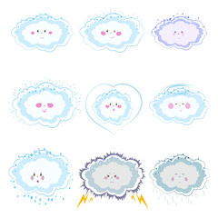 Set of cute clouds on white background. Hand drawn vector illustration. Emoji collection.