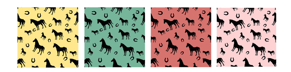 Set seamless pattern with horse and horseshoe Animals illustration Vector card on color background for design, kids decor, wrapping, textile