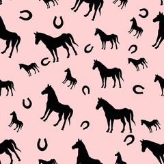 Seamless pattern with horse and horseshoe Animals illustration Vector card on color background for design, kids decor, wrapping, textile