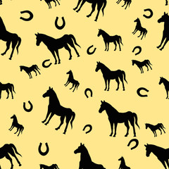 Seamless pattern with horse and horseshoe Animals illustration Vector card on color background, desing for post card , kids decor, wrapping, textile