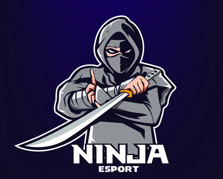 NINJA HOLDING SWORD, MASCOT LOGO ISOLATED ON DARK BACKROUND_EPS10