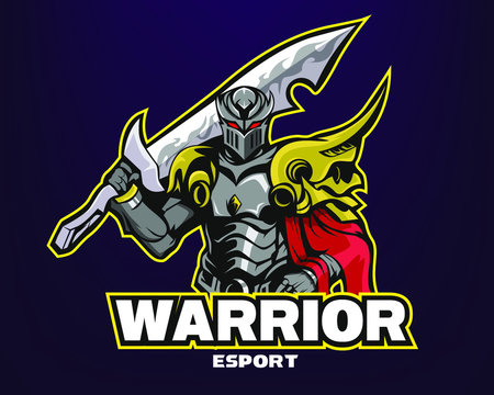 THE WARRIOR HOLDING SWORD MASCOT LOGO, GAMING LOGO FOR TEAM