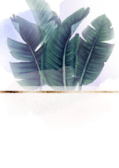 Greeting card with tropical leaves, can be used as invitation card for wedding, birthday and other holiday and  summer background. Watercolor illustration