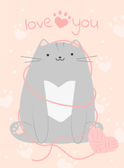 Cat cute characters romantic valentine poster in pastel color with lettering. Kitten play with knitting