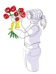 One continuous line drawing of young woman holding a bouquetof rose. Valentine's day concept. Simple line art drawing of young girl with roses.