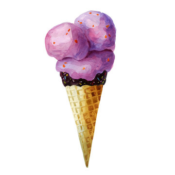 Watercolor illustration, ice cream. Balls of pink ice cream in a waffle cone. Summer image.