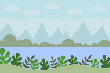 Fototapeta na wymiar Landscape from fantasy compositions. Sea with mountains and trees in a minimal style. Flat design, vector illustration