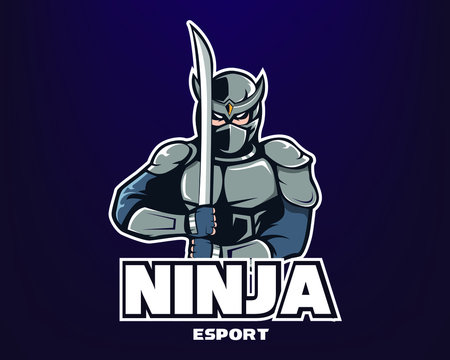 NINJA HOLDING SWORD MASCOT LOGO ISOLATED ON DARK BACKGROUND,  GAMING LOGO FOR TEAM_EPS10