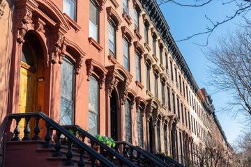 Fototapeta na wymiar Row of Colorful Old Homes in Prospect Heights Brooklyn New York
