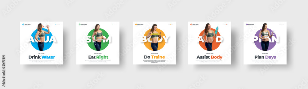 Poster set of vector flyers with a girl in a colored circle on a white background.