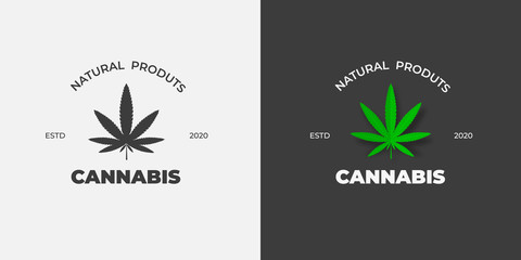 Graphic label with a green leaf of marijuana on a white and black background.