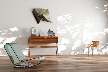 White minimalistic interior with wooden floor and mid century Scandinavian furniture 3d render